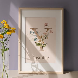 Ilustración de acuarela personalizada con la letra Y para guardería, arte del alfabeto con decoración de flores silvestres, imagen inicial del nombre