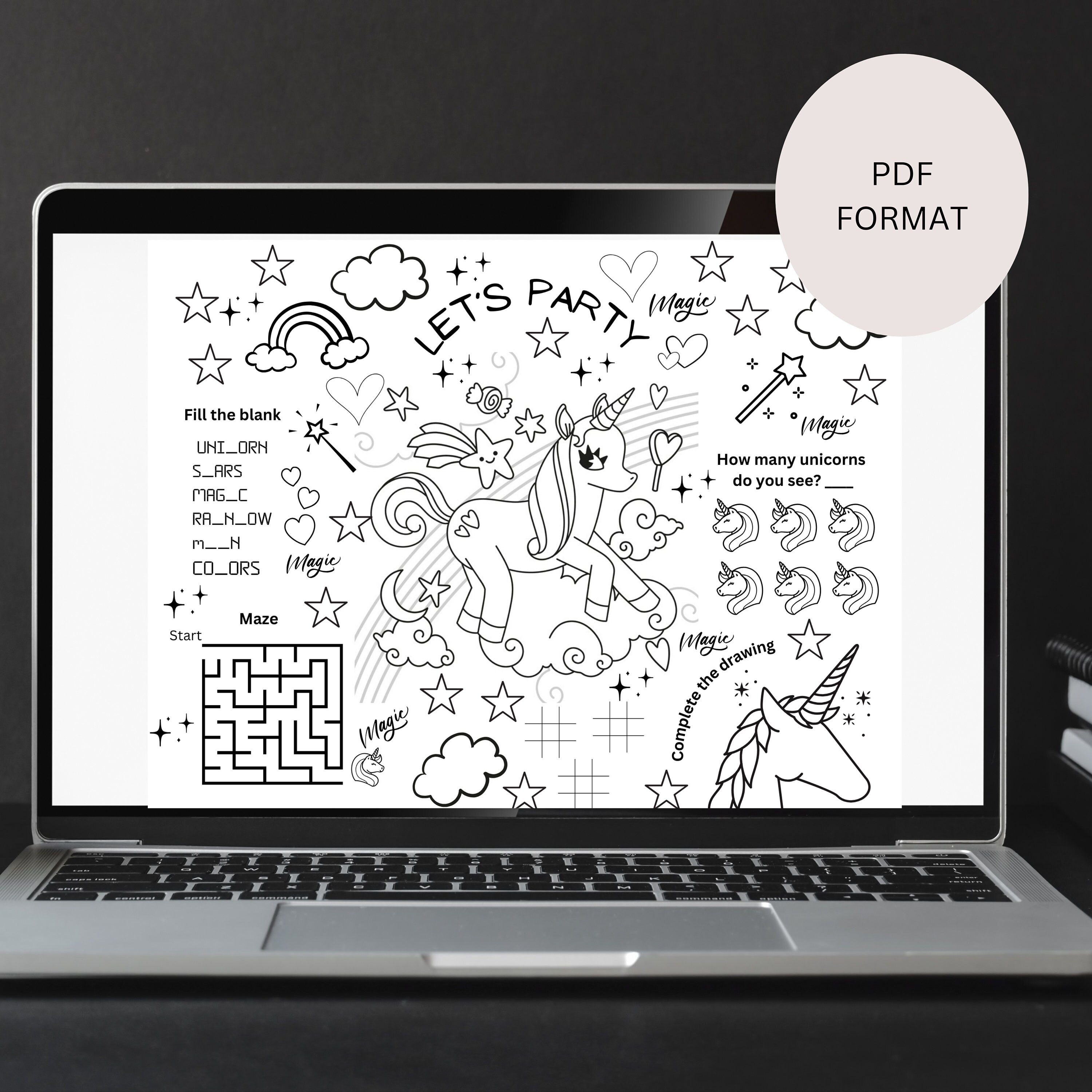 Unicorn Printable Placemat for Kids Activity Mats Coloring Placemat for ...