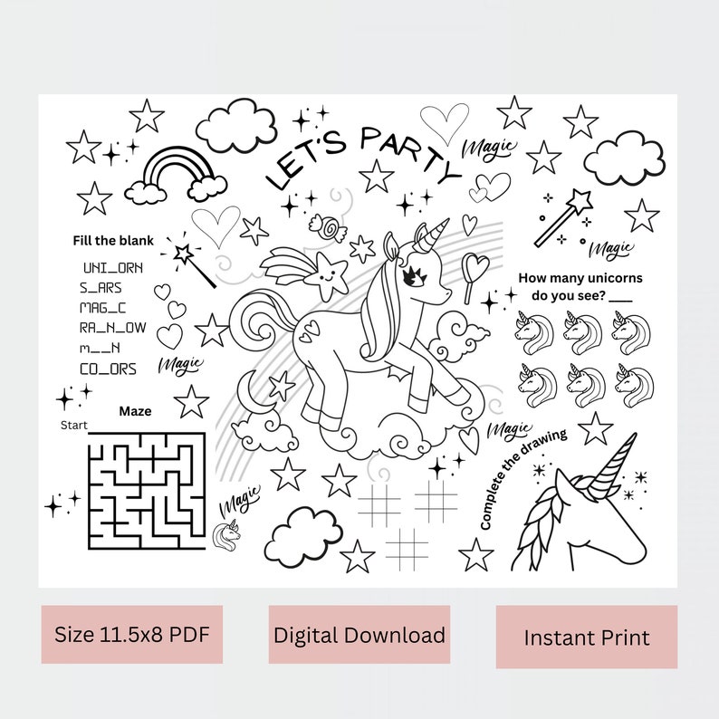 Unicorn Printable Placemat for Kids Activity Mats Coloring Placemat for ...