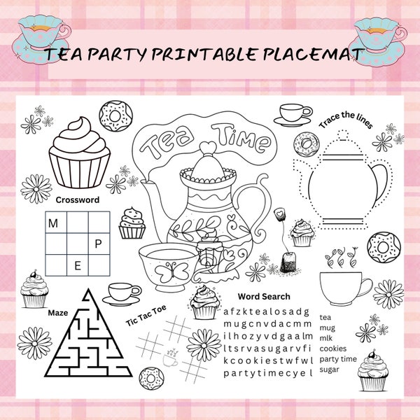 Tea Party Coloring Placemat, Girls Tea Party Coloring Sheet, Kids Sleepover Activity Sheets, Printable Birthday Party Game, Coloring Pages