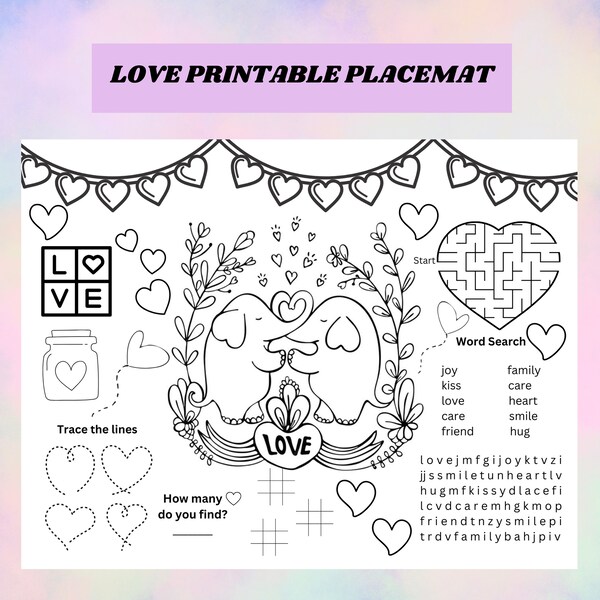 Love Printable Placemat for kids/ Activity Placemat for kids/ Kids Coloring Mat/ Wedding Placemat for kids Activity Mat