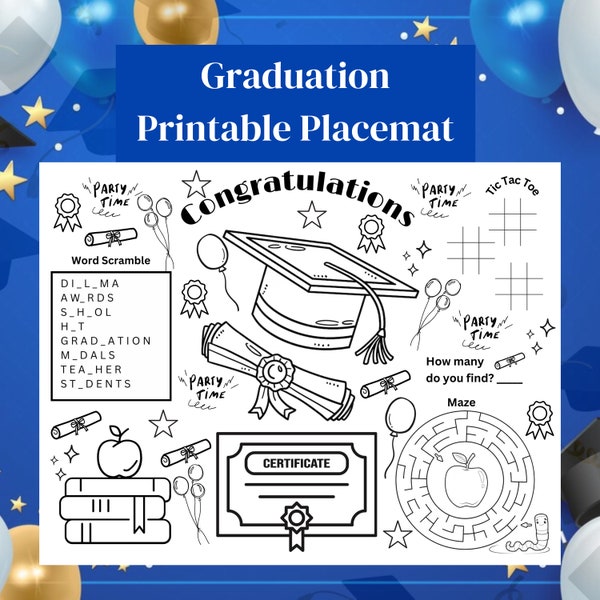 Graduation Party Printable Placemat/ Kids Activity Mat/ Printable Placemat for Kids/ Graduation Coloring Placemat/ Graduation Printable Mat