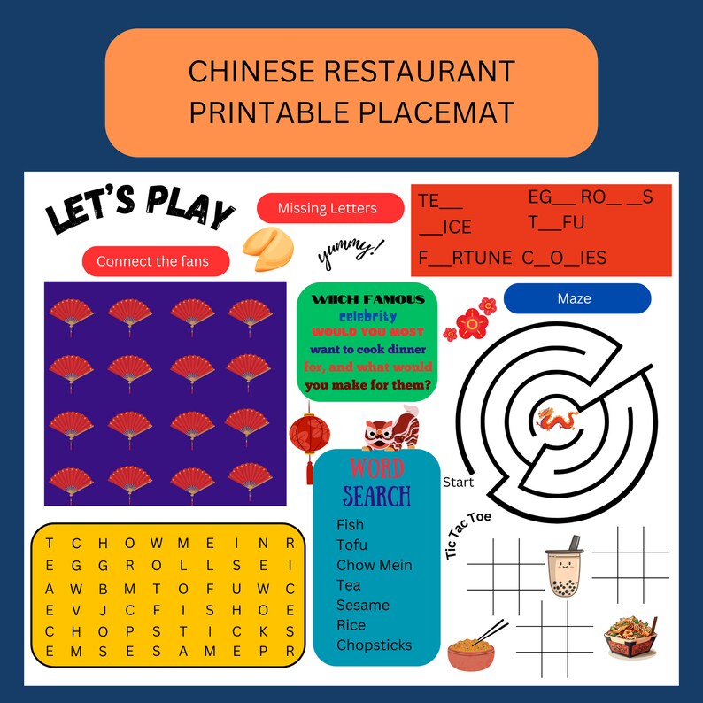 Chinese Restaurant Printable Placemat, Kids Printable Placemat, Kids ...