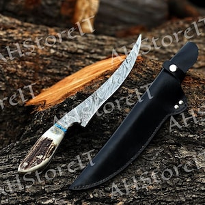 Handgefertigtes Filet- / Fischermesser aus Damaststahl mit Hirschgeweihgriff und Türkissteineinsatz