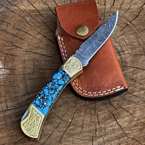 Southwestern Inlay Knife - Turquoise Inlay with Damascus Blade Brass Handle,Beautiful Knife With Sheath Best for Gift, Pocket Knife, Gifts
