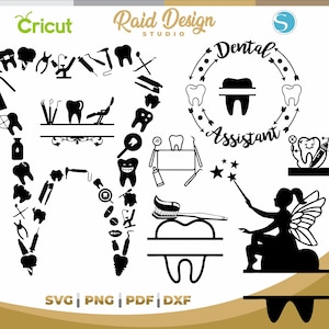 Puede incluir: Un diseño digital con gráficos de temática dental. El diseño incluye una disposición en forma de diente de herramientas dentales, un gráfico de "Asistente Dental" y una silueta de un hada con una varita. El diseño también incluye los tipos de archivo: SVG, PNG, PDF y DXF.