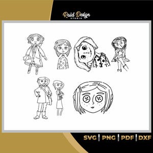 May include: Black and white line art illustrations of a girl with different facial expressions and hairstyles. The illustrations are in a cartoon style and feature large eyes and button details.