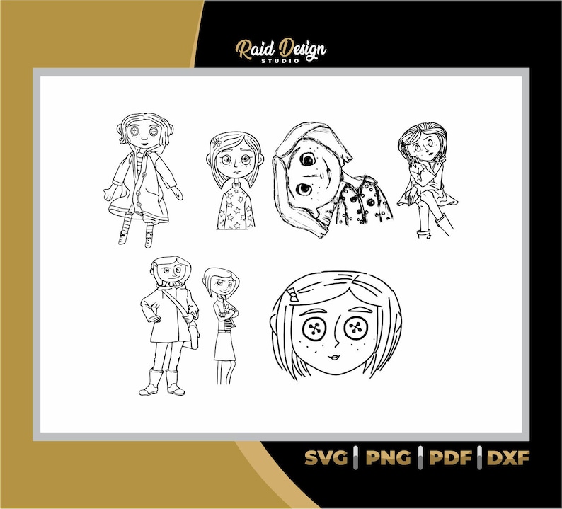 May include: Black and white line art illustrations of a girl with different facial expressions and hairstyles. The illustrations are in a cartoon style and feature large eyes and button details.