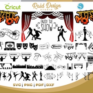 Può includere: Una collezione di file SVG, PNG, PDF e DXF a tema teatrale. Include sagome di tendaggi di scena, riflettori, attori, ballerini, maschere teatrali, bobine di film e il testo "Enjoy the Show."