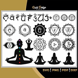 Puede incluir: Ilustraciones vectoriales en blanco y negro de siete chakras, incluido el chakra del tercer ojo, con símbolos sánscritos y diseños de flores de loto. La imagen también incluye cuatro siluetas de personas en posturas de yoga, con una silueta que muestra los siete chakras a lo largo de la columna vertebral.