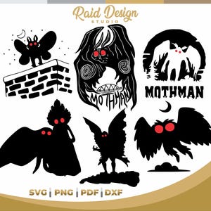 May include: A set of eight black and white silhouette illustrations of Mothman, a cryptid said to be a large, winged humanoid creature with glowing red eyes. The illustrations depict Mothman in various poses, including flying, standing, and perched on a chimney. The text "Mothman" appears in the image.