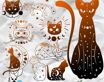 Mystical cat silhouette, horror cat for halloween, mystical cat art, cat silhouette with star for print, animated cat face art with stars