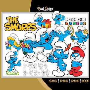May include: A digital design file featuring a collection of Smurf characters in various poses. The design includes the text "The Smurfs" and "Designed in Layers".