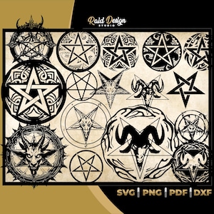 Puede incluir: Un conjunto de 16 diseños digitales en blanco y negro con diferentes pentagramas e ilustraciones de cabezas de cabra. Los diseños son perfectos para crear camisetas, tazas, pegatinas y otras manualidades. Se incluyen los formatos de archivo SVG, PNG, PDF y DXF.