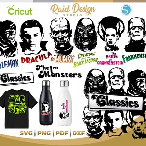 Puede incluir: Imágenes en silueta en blanco y negro de monstruos clásicos de películas de terror, incluyendo a Drácula, Frankenstein, la Momia, el Hombre Lobo y la Criatura de la Laguna Negra. El texto "The 1st Classics Monsters" también está incluido en la imagen.