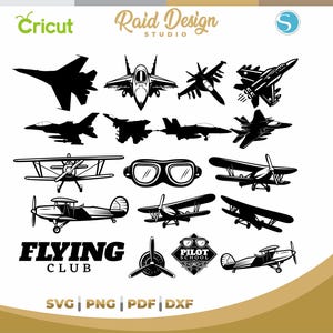 Puede incluir: Una colección de gráficos digitales en blanco y negro con varios aviones de combate, biplanos antiguos, gafas de aviador, una hélice y un emblema de Pilot School. El texto FLYING CLUB aparece junto a las etiquetas SVG, PNG, PDF y DXF.