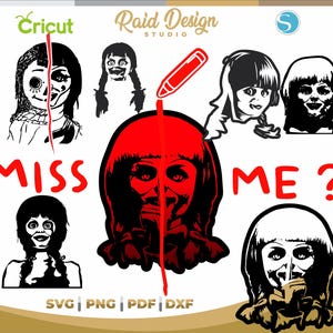 May include: A digital design featuring a red-haired doll with a creepy smile. The doll is split in half with a red line down the middle. The text "Miss Me?" is written in red letters. The design is perfect for Halloween or horror-themed crafts.