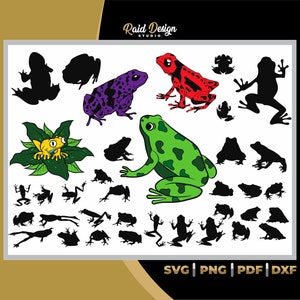Puede incluir: Una hoja de diseño digital con varias siluetas e ilustraciones de ranas. La hoja incluye una rana verde, roja, morada y amarilla, así como varias siluetas negras de ranas en diferentes poses. El texto "Raid Design Studio" aparece en la parte superior de la hoja.