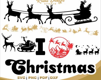 Santa Sledge, santa reindeer svg, christmas deer, christmas silhouette design, santa flying, santa silhouette, deer animated for christmas