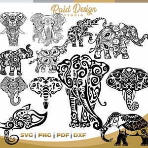 Puede incluir: Un conjunto de 10 imágenes de clipart digitales en blanco y negro de elefantes con intrincados diseños de mandala. Las imágenes son perfectas para proyectos de manualidades, scrapbooking y más.