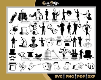 magician silhouette design, magicians in performance and silhouette for printing, magician art for laser cutting