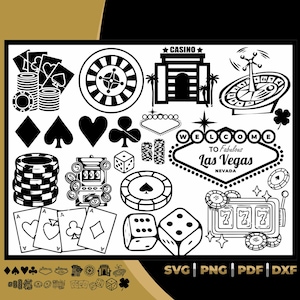 Pacchetto di design per casinò, logo di Las Vegas, silhouette di casinò, file digitale per la stampa, design di casinò per taglio laser, grafica lineare per la stampa