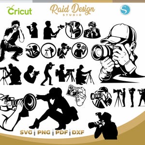 May include: A black and white graphic design featuring silhouettes of photographers with cameras and tripods. The design includes the words "SVG PNG PDF DXF" and the Cricut and Raid Design Studio logos.