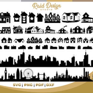 Pacote de cenas de casas, desenhos de silhuetas de casas, silhuetas de casas em svg, svg da cidade de Londres, desenho de silhueta de Nova York, svg de sombra de Nova York