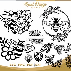 Puede incluir: Un conjunto de 12 archivos de corte SVG en blanco y negro con abejas y flores. Los diseños incluyen una abeja en una corona de flores, una abeja con girasoles y una abeja con una sola flor. El texto "Raid Design Studio" está incluido en la imagen.