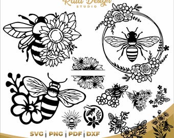 bundle silhouette of bees, bees svg, dxf bees and flowers, silhouette bees svg, png bees in clipart, bees design in svg, bundle svg bees