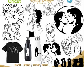 Line silhouette of couples kissing, romantic scene of a wedding couple in SVG, lovers kissing, line art of couples kissing