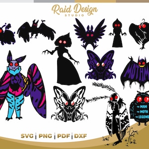 Puede incluir: Un conjunto de 10 archivos de corte digital con Mothman, una criatura mítica con grandes ojos rojos y alas. Los archivos están disponibles en formatos SVG, PNG, PDF y DXF. Los diseños son perfectos para manualidades, scrapbooking y otros proyectos creativos.