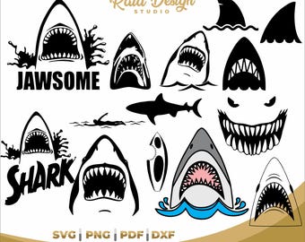 Shark Svg silhouette, Shark clipart bundle, Shark bite silhouette, Shark quotes, Shark animated face, beach ideas for table