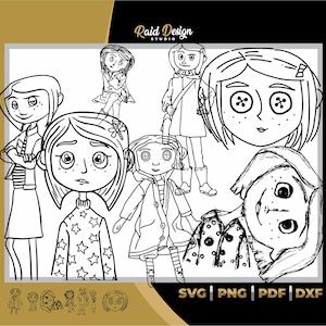 Leuke Coraline ontwerpen voor afdrukken, Coraline karakter lijntekeningen, Coraline SVG, instant download, digitaal bestand in SVG PNG DF PDF