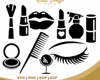 Cosmetology items, beauty salon print, eyelashes svg, hair brush silhouette, woman makeup silhouette, spa svg, lipstick svg