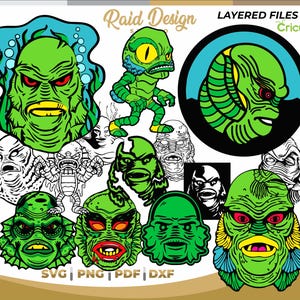 May include: A set of digital cut files featuring various illustrations of the Creature from the Black Lagoon. The files are layered and compatible with Cricut machines. The designs include a cartoon version of the creature, a close-up of its face, and a full-body illustration. The text "Raid Design" and "Layered Files Cricut" is also included in the image.