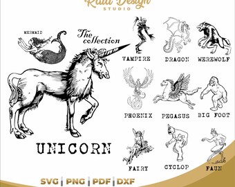 Mythical animals design for prints and room decoration, names of mythological creatures in digital file for printing