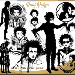 May include: Black and white silhouette illustrations of the character Edward Scissorhands from the movie Edward Scissorhands. The illustrations include different poses of the character, including a full-body portrait, a close-up of the face, and a profile view. The text "Raid Design Studio" is also included in the image.