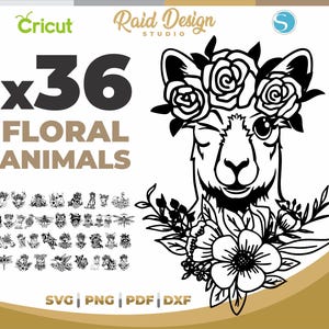 x36 Dierlijk bloemmotief, svg bloemmotief, dierenbloembundel, uilbloemmotief, ezel svg, lama bloemmotief svg, png beerbloemmotief, schattige babytijger svg
