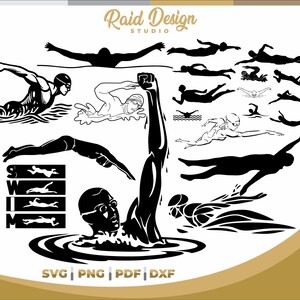 Op de afbeelding: Zwart-wit vectorillustraties van zwemmers in verschillende slagen en poses. De afbeelding bevat het woord "SWIM" en de tekst "SVG | PNG | PDF | DXF" in een goud en wit ontwerp.