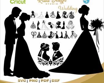 Silhouette of a bride in a cute dress, wedding design clipart, silhouette of a man and woman at a wedding, line art of a bride