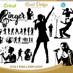 Pode incluir: Desenhos de silhuetas a preto e branco de cantores com microfones. Inclui uma clave de sol, a palavra "Singer" e o texto "SVG | PNG | PDF | DXF". A imagem também apresenta os logótipos Cricut e Raid Design Studio.