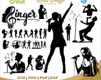 Silhouette of a woman and man singing, SVG of a child singing, silhouette of a child singing, adult singing karaoke