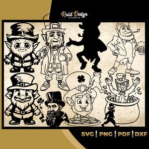 Puede incluir: Un conjunto de imágenes de clip art digitales en blanco y negro con duendes, ollas de oro y tréboles. Las imágenes son perfectas para crear manualidades, tarjetas y decoraciones para el Día de San Patricio.