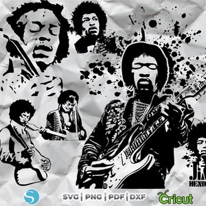 Jimi Hendrix SILHOUETTEN, Jimi Hendrix clipart, Jimi Hendrix gezicht lineair, Jimi Hendrix afdrukbare bestanden, silhouet van beroemde gitaar