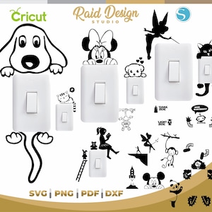 May include: A collection of black and white cartoon-style decals, including a dog, Minnie Mouse, a cat, and other characters, designed to be applied to light switches. The image also includes the text "Cricut" and "Raid Design Studio".