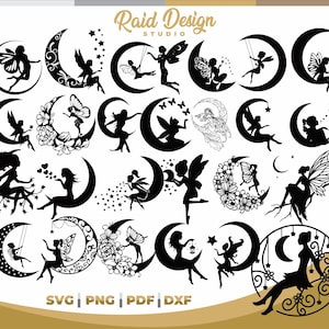 May include: A set of 25 black and white digital clip art images featuring fairies sitting on crescent moons. The images include various poses and designs, such as fairies with wings, flowers, stars, and swings.