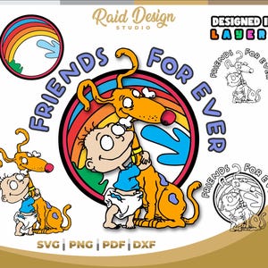 Friends forever, design for rugrats print, vintage rainbow children's show, friends for cricut, rugrats silhouette, line art of rugrats