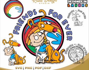 Friends forever, design for rugrats print, vintage rainbow children&#39;s show, friends for cricut, rugrats silhouette, line art of rugrats