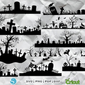 Puede incluir: Una colección de diseños de siluetas negras con temas de Halloween. Incluye lápidas, cruces, árboles, murciélagos, una casa embrujada, un espantapájaros y un lobo aullando. Adecuado para proyectos de manualidades.